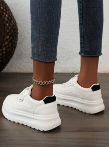 1 双女式休闲白色皮革春季滑板鞋，系带款式，2025 年春季新品 - 米黑色 - 查看 6