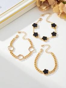 3pcs Rhinestone Decor Thick Chain Black Clover Charms Women Bracelet Set - Black - View 3