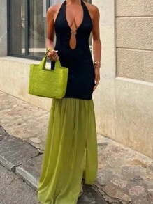 Hollow Out Color Blocking Backless Halter Dress, Sexy
