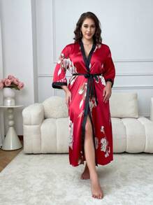 Plus Size Women's Print Satin Robe - Casual & Comfortable V-Neck Nightgown With Contrast Trim, Machine Washable, All-Season Cozy Loungewear - Nhiều màu 8 - Xem 3