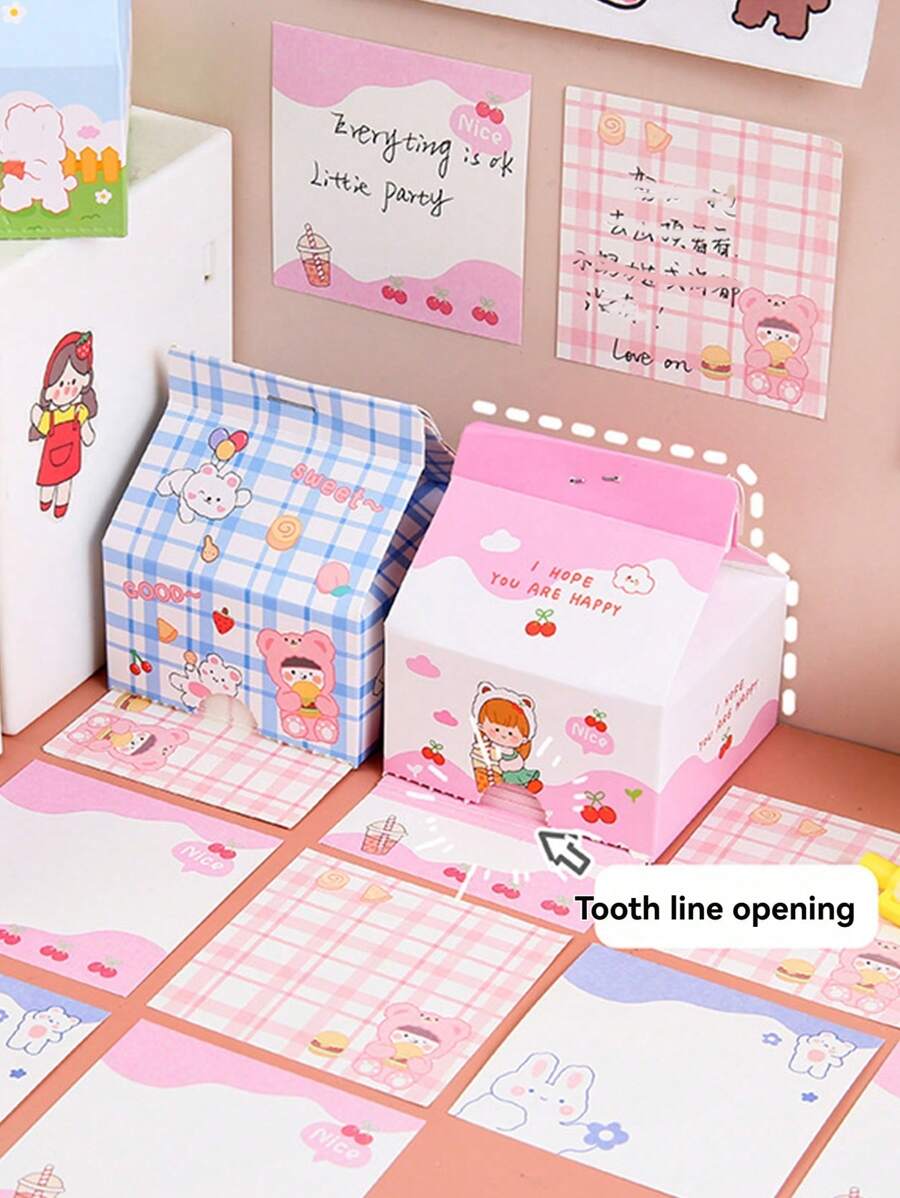 200 Sheets Milk Carton Design Memo Notes Paper, Multi-Pattern Sticky Notes, Adhesive Stationery Paper