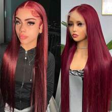 34 Inch 99j Burgundy Red 13X4 Straight Lace Front Wigs Human Hair 99J 13X4 Transparent Lace Frontal Wigs Glueless Pre Plucked With Baby Hair Wigs For Women 200% Density - S99J - 查看 3