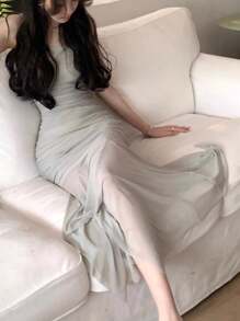 Summer Mesh Spaghetti Straps Asymmetric Mermaid Dress Elegant Plain Corset Evening Party Robe Women Vacation Clothes,Bridesmaid Dress - Grey - View 4