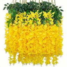 24 件粉色紫藤花环 - 防水人造花，适用于婚礼、派对、家居和办公室装饰 | 非常适合天花板、阳台和墙壁悬挂，假植物