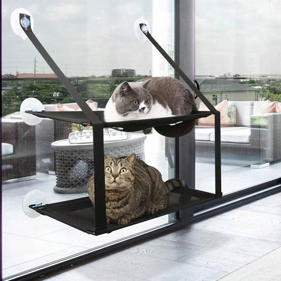 Gatos Hamaca para Gato Cama y Muebles para Gatos Hamaca para Ventana de Gato Cama Colgante de 6 Ventosas Resistentes para 2 Gatos Percha para Ventana de Gato con Capacidad de Hasta 25 kg Ahorro de Espacio Hamaca para Ventana de Gato Percha de Ventana para Gatos Grandes Montaje de Ventana para Gatito de Doble Pila con Ventosa para Gato Reposo Suave Esterilla (Negro, 23.6" x 13.38") - Negro - Ver 1