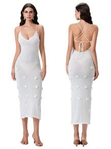 Women's Crochet Maxi Dress Spaghetti Strap Floral Dress Bodycon Knit Beach Long Dress Backless See Through Swim Cover Up Dress - White - View 2