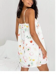 Women Slip Dress, Spaghetti Straps Backless Graphic Print A-Line Dress Summer Mini Dress - 白色1 - 查看 4