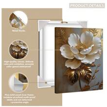 1 pieza, Pintura colgante de lienzo, Pintura decorativa enmarcada, Póster, Arte de pintura de óleo floral blanca elegante con hojas doradas - Decoración de pared abstracta moderna para sala de estar, dormitorio, oficina, etc. - Pintura al óleo enmarcada en HD, regalo perfecto para Halloween, Acción de Gracias, Navidad, decoración de habitaciones, pasillo, cafetería, biblioteca, baño