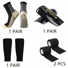 4 pezzi Set sportivo da calcio professionale, incluso 1 paio di calzini sportivi antiscivolo, 1 paio di parastinchi, 1 paio di gambali lavorati a maglia, 1 paio di bende sportive, per palestra