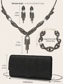 4 件装女式水钻晚装手拿包水钻耳夹新娘婚礼颈链手链吊饰闪亮闪光钱包手拿包女士晚装包闪亮手提包带可拆卸链条适合婚礼和派对女士单肩包闪光 V 型翻盖手提包鸡尾酒会婚礼新款钱包宴会包 - 黑色 - 查看 10