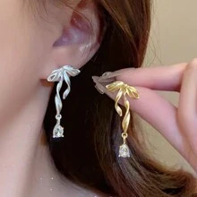1 Pair Of Ballet Bow Drop Earrings Frosted Matte Fold Sweet Cool Style High Sense Earrings Female