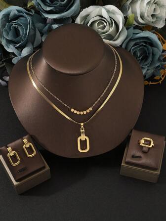 4 Pieces Of High-Quality Stainless Steel Geometric Glossy Pendant Snake Bone Chain Necklace + Earrings + Ring 3 Set For Women Bridal Banquet Jewelry Set Party Versatile Golden Yellow Accessories