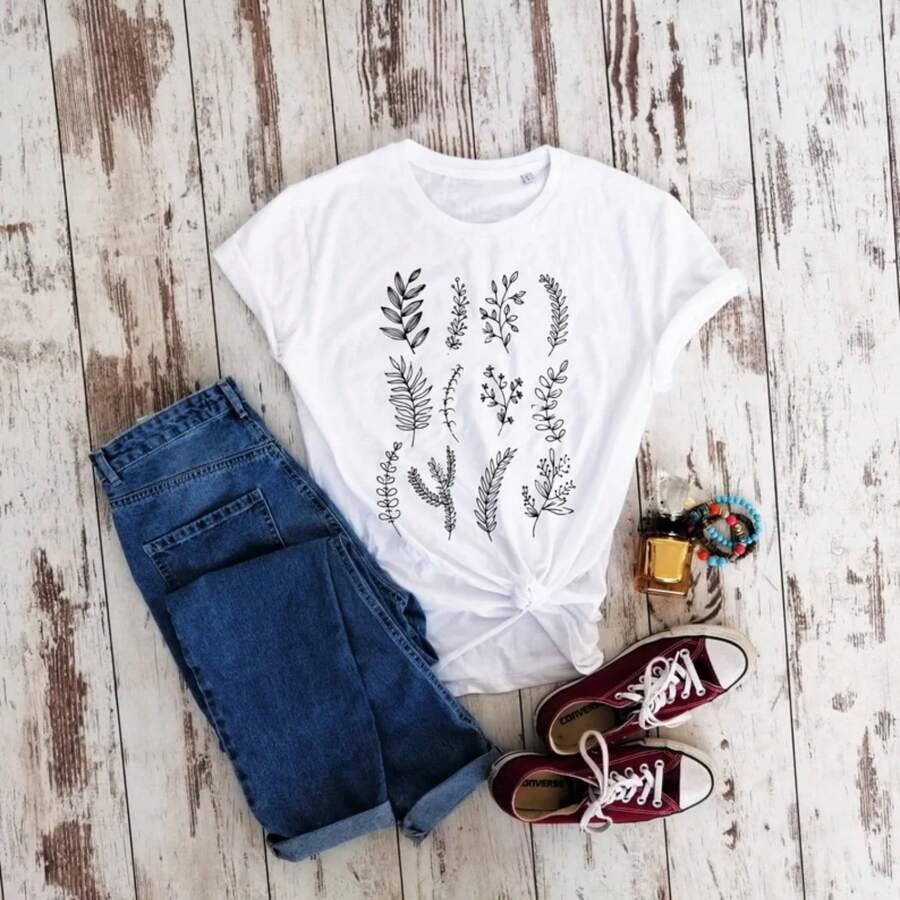Organic Cotton, Natural Motives T-Shirt, Ecofriendly Shirt, Unisex T-Shirt, Leaves T-Shirt, Organic T-Shirt, Vegan Gift Shirt - 白色 - 查看 1