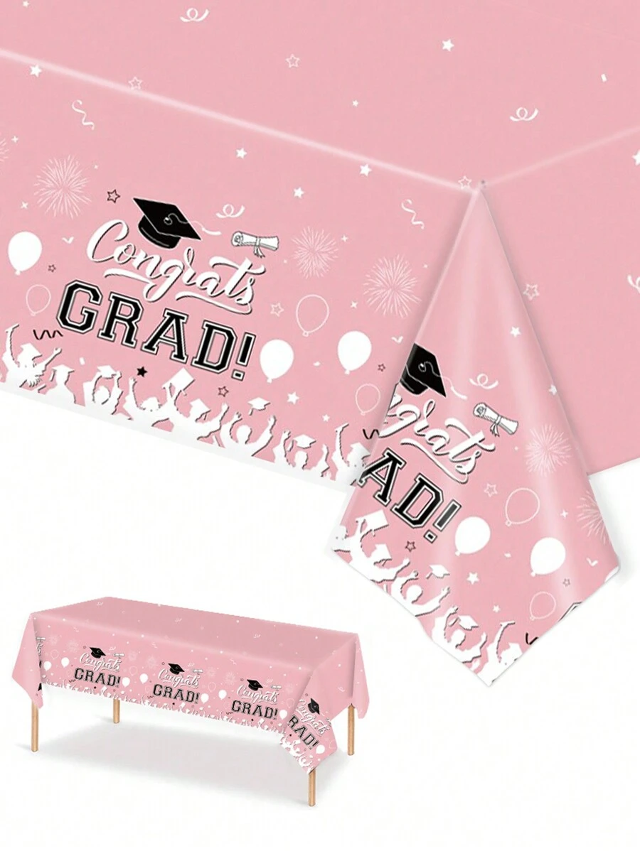 3 件/套，137 * 274 厘米/54 * 108 英寸一次性桌布，毕业主题图案桌布，适合各种主题派对和日常使用（可悬挂作为背景以增加节日气氛） - 粉色 - 查看 1
