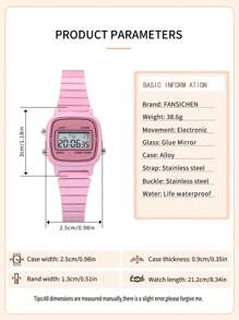 Fashionable Women's Square Pink Stainless Steel Band Electronic Watch, Multi-Function Sport Women's Calendar Digital Wrist Watch Suitable For Daily Wear, Holiday Gift - Pink - View 6