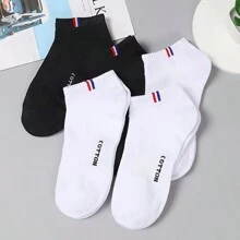 6 Pairs Men's Thin Low Cut Socks, Summer Breathable Letter Print Short Black Athletic Socks