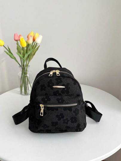 Fashionable Floral Print Black Backpack For Teens, Double Zipper Design, Suitable For Daily Use
