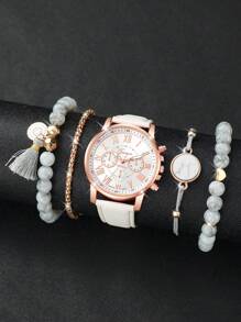5 pièces/Set Montre-bracelet à quartz avec cadran romain minimaliste décontracté pour femmes et set de bracelet à perles, mode, sans boîte de montre