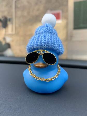 1pc Rubber Duck Decoration With Knit Pompom Hat, Cool Sunglasses And Gold Chain For Car Rearview Mirror