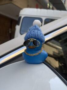 1pc Rubber Duck Decoration With Knit Pompom Hat, Cool Sunglasses And Gold Chain For Car Rearview Mirror - Blue - View 4