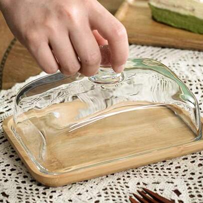 1 件木制矩形蛋糕盘带玻璃盖，水果和糕点展示架带盖