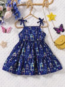 女婴春季斋月月亮和星星印花蝴蝶结吊带连衣裙 - 藍色 - 查看 1