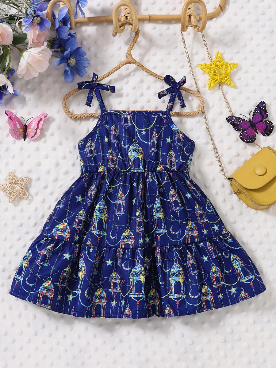 女婴春季斋月月亮和星星印花蝴蝶结吊带连衣裙 - 藍色 - 查看 1