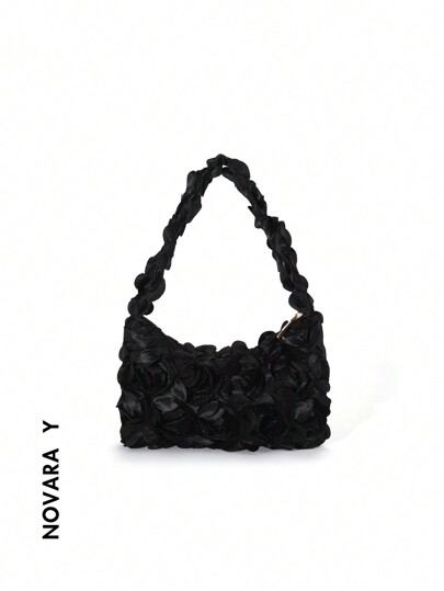 1pc Romantic Elegant 3D Rose Flower Sequin Beaded Zipper Handbag, Shoulder Bag For Party, Wedding, Banquet