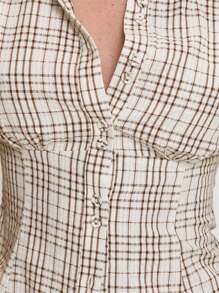 Women's Plaid Shirt Button-Up Short Sleeve Collared Slim Fit Casual Summer Blouse Tops - 鏽棕色 - 查看 6