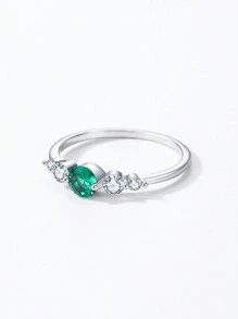Arlmay 1pc Vintage 925 Sterling Silver Green Zirconia Round Rings For Women Bride Engagement Band Party Jewelry - Silver - View 4