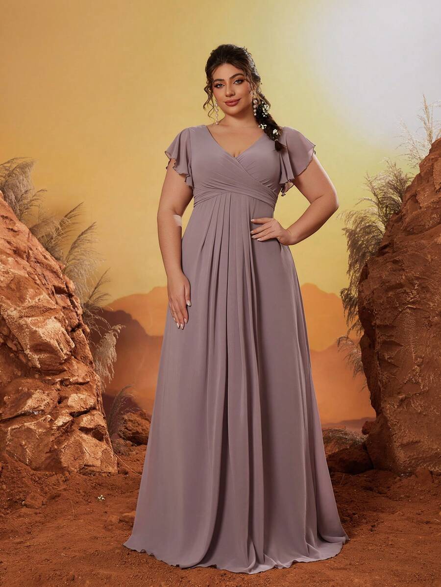 Mgiacy V-Neck Handmade Pleat Mid-Calf Backless Tie Elegant Dignified Bridesmaid Dress - Dusty Pink - View 1