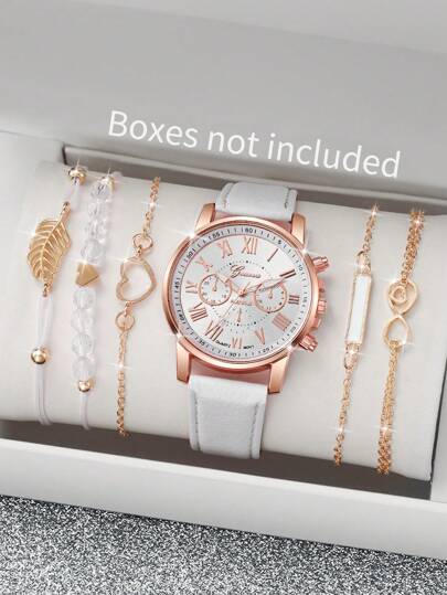 Relógio Feminino Estilo 6 Peças/Conjunto Com Mostrador De Numeral Romano, Relógio De Quartzo + Pulseira (Relógio Não Incluído)