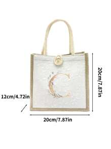 Túi vải lanh, Túi vải lanh họa tiết hoa nhí trang trí nút, Túi xách cỡ lớn tối giản, Túi đựng đồ tiện dụng, Túi mua sắm đa năng, Chữ A-Z lá xanh mạ vàng, Thiết kế mới, Dung tích lớn, Lý tưởng cho mua sắm, Túi đeo vai, Túi xách tay, Túi đựng cơm trưa, Hộp cơm trưa, Phù hợp cho nữ, Phiên bản năm mới - trắng - Xem 11