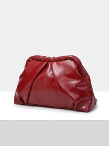 1 chiếc ví đựng tiền xu cổ điển đơn giản dành cho nữ, màu kim loại nguyên khối bằng vải Angora, túi cầm tay lớn xếp ly hình đám mây không có dây đeo, thích hợp khi đi chơi, hẹn hò, tiệc tùng, đi làm hàng ngày - Màu Đỏ Sâu - Xem 2