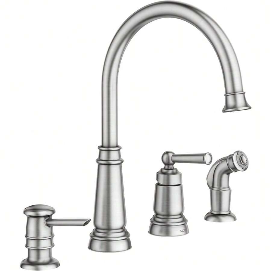 Moen Spot Resist Stainless One-Handle High Arc 4-Hole Kitchen Faucet With Side Sprayer And Soap Dispenser, 87042SRS - 1 - 查看 1