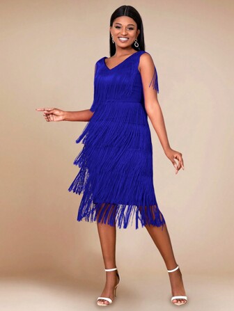 AOMEI Sexy mouwloze midi-jurk met V-hals en kwastjes voor dames, perfect voor een bruiloft, als gast op een bruiloft, een vrijgezellenfeest, vakantie, verjaardag, afstuderen, formeel diner, thuiskomstfeest en oudejaarsavond.