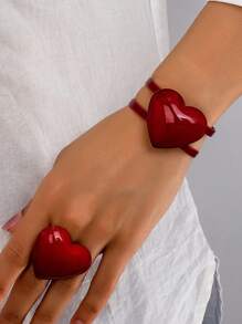 1 Set Elegant & Fashionable Heart Adjustable Bracelet & Ring Jewelry Set, For Ladies Holiday Party Gifts