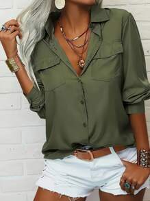 Whisplicity Plus Size Women's Solid Color Lapel Tie Long Sleeve Shirt, Spring Casual - Army Green - View 4