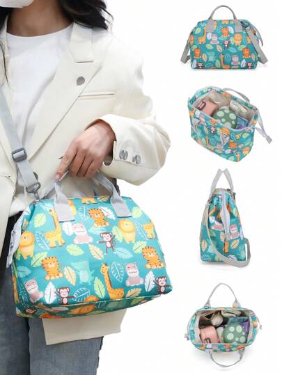 1pc Green Printed Anti-Tear Maternity Baby Diaper Bag, Simple Shoulder Bag With Multiple Compartments, Fashionable Mommy Bag