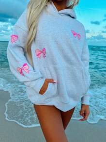 Y2k Hoodies For Women Teen Girls Bow Embroidery Graphic Loose Oversized Hooded Sweatshirts Vintage Floral Sweater Pullover Jumper Tops - Grey - View 4