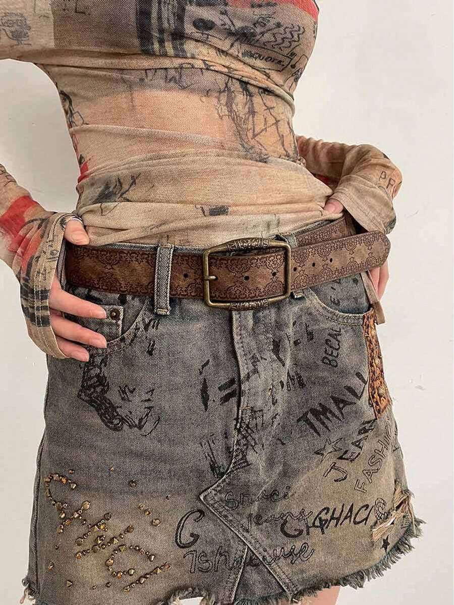 1 pieza Elegante cinturón retro marrón con estampado floral en relieve para damas, adecuado para ceñir la cintura en los vaqueros para un efecto estilizante en otoño, Halloween - Marrón - Ver 1