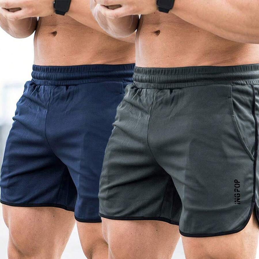 2 Pieces Men's Bodybuilding Training Running Shorts, With Two-Piece Print And Stylish Style - Xám Xanh - Xem 1