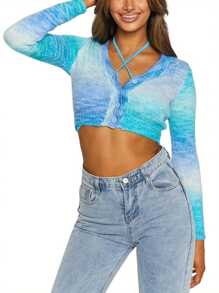 Women Gradient Crop Tops, Knitting Cross Bandage Long Sleeve V-Neck Buttons Spring Fall Cardigan - Blue - View 1