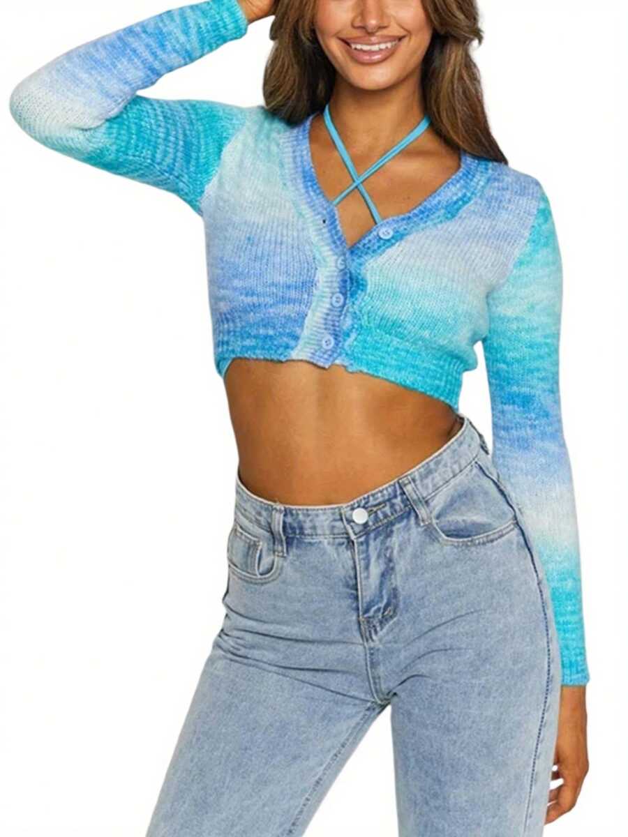 Women Gradient Crop Tops, Knitting Cross Bandage Long Sleeve V-Neck Buttons Spring Fall Cardigan - Blue - View 1