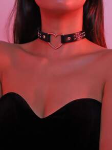1pc Women Punk PU Leather Metal Heart Rivets Snap Collar Necklace, Street Fashion Hip Hop Accessories - Multicolor - View 7
