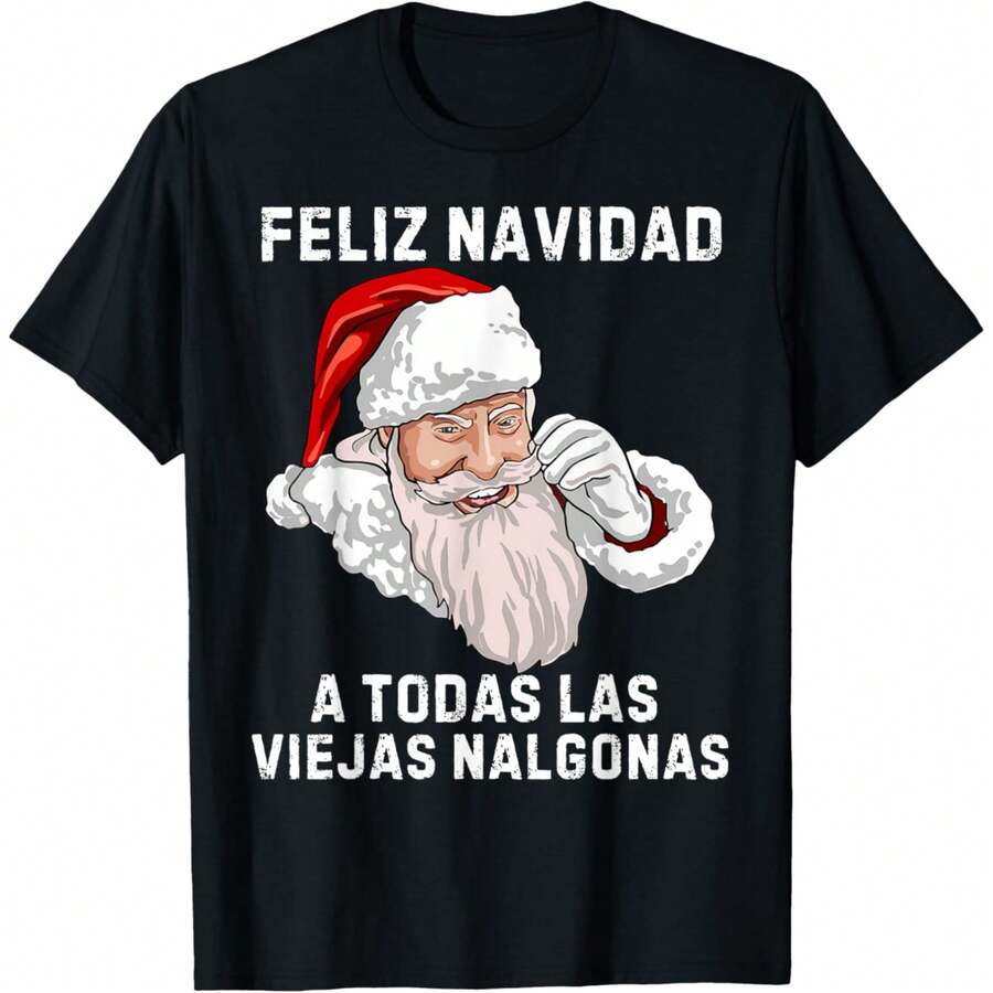 Feliz Navidad Nalgonas Funny Christmas Ugly Pajamas Spanish T-Shirt - Black - View 1