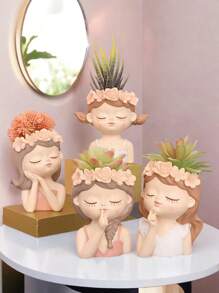 1PC Fairy Flower Pot Cute Cartoon Little Girl Light Luxury High-End Feeling, Personalized Creative Shape Fleshy Flower Pot, Human Face Makeup Brush Storage Tube Dressing Table Eye Shadow Eyebrow Brush Pen Holder
