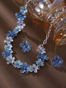 SophiaXuan 1 Set 2 Stücke Schmuckset im Boho-Stil, elegant, schlicht, niedlich, aus blau emaillierter Zinklegierung mit Blumenmotiv, bestehend aus Halskette und Ohrringen, geeignet für den täglichen Gebrauch von Frauen, Partys, Valentinstag Geschenk - Geometrie - Übersicht 9