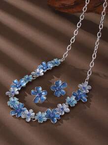 SophiaXuan 1 Set 2 Stücke Schmuckset im Boho-Stil, elegant, schlicht, niedlich, aus blau emaillierter Zinklegierung mit Blumenmotiv, bestehend aus Halskette und Ohrringen, geeignet für den täglichen Gebrauch von Frauen, Partys, Valentinstag Geschenk - Geometrie - Übersicht 7