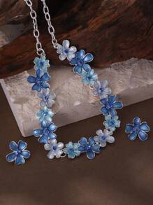 SophiaXuan 1 Set 2 Stücke Schmuckset im Boho-Stil, elegant, schlicht, niedlich, aus blau emaillierter Zinklegierung mit Blumenmotiv, bestehend aus Halskette und Ohrringen, geeignet für den täglichen Gebrauch von Frauen, Partys, Valentinstag Geschenk - Geometrie - Übersicht 6